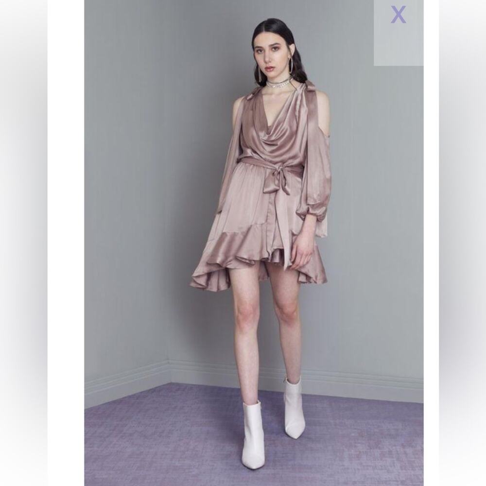 Zimmerman 100% Silk Sueded Billow Cold Shoulder Tie Asymmetrical Mini Dress Sz 6